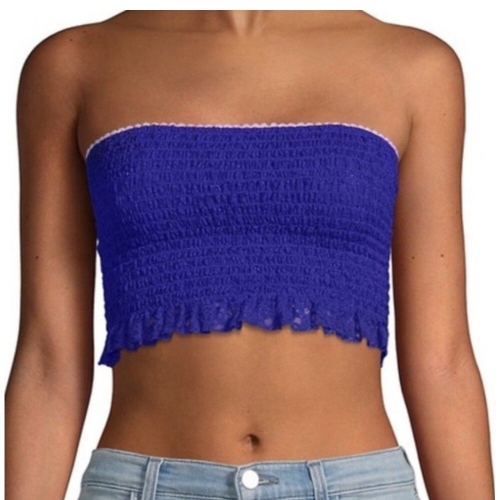 NWT Free People Bandeau Crop Top Small Blue Pink Smocked Lace "Callie"